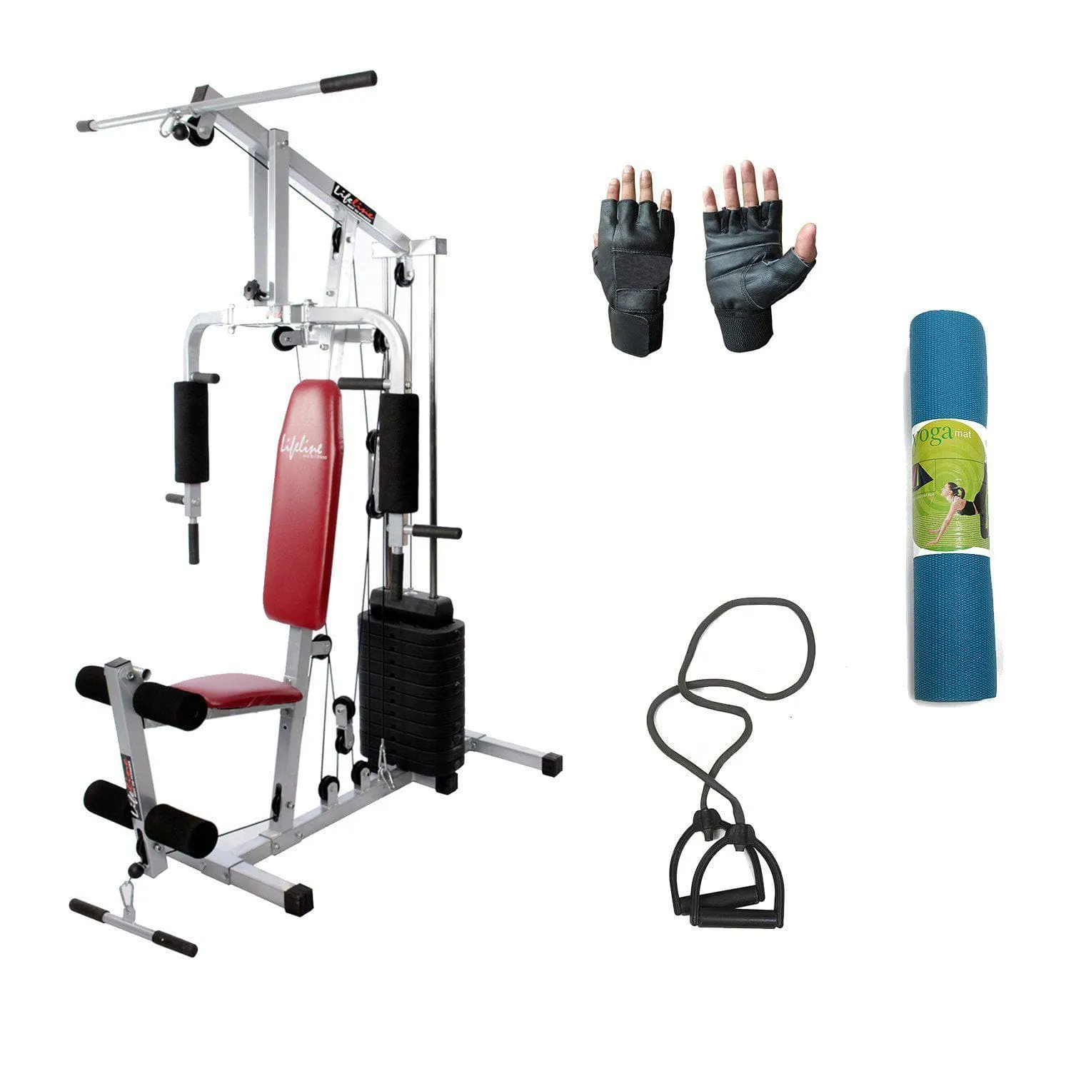 Lifeline Home Gym Machine 002 For Workout At Home Bundles With Resistance Band, Gym Gloves and Yoga Mat  || Available on EMI