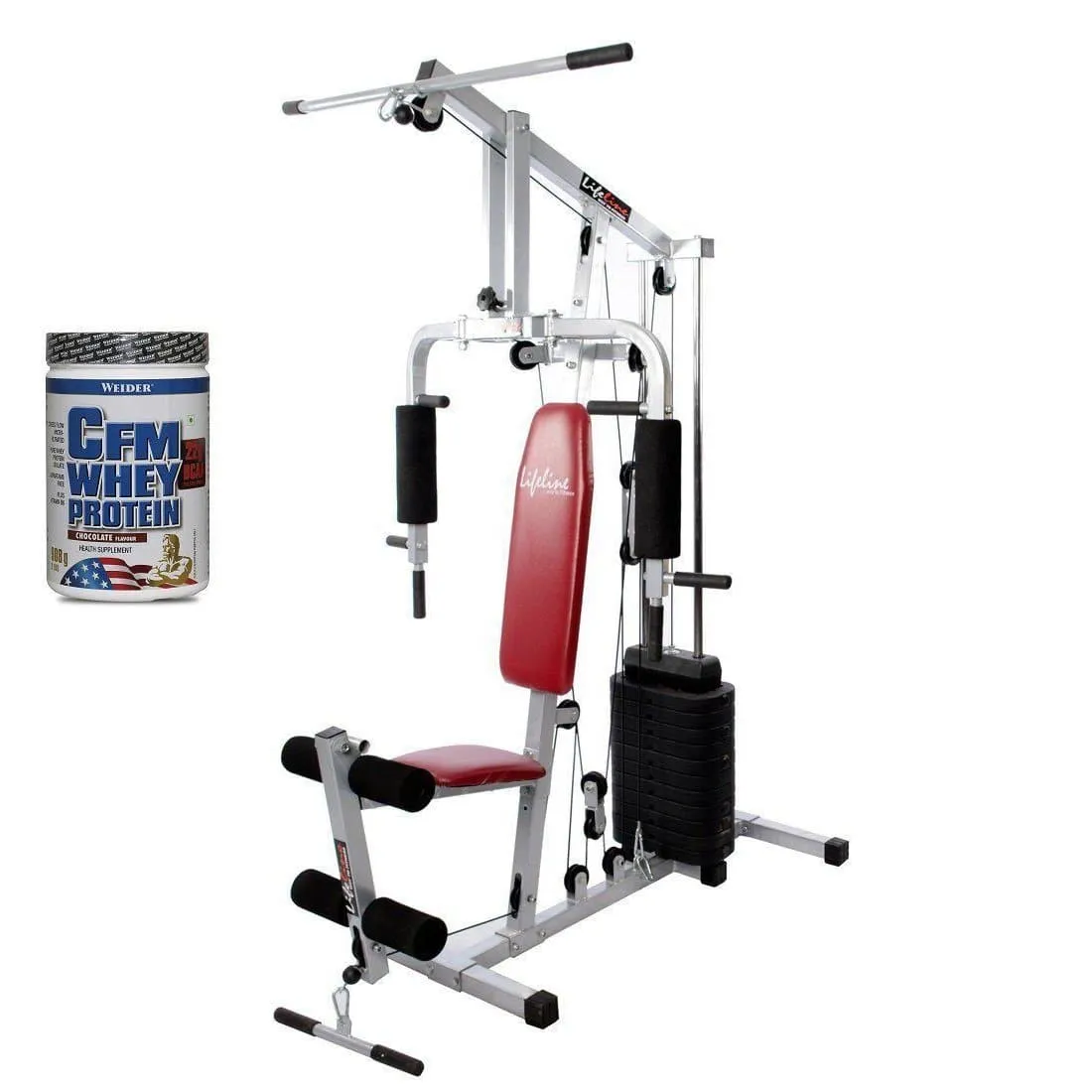 Lifeline Home Gym Set 002 Bonus with Weider CFM Whey Protein 908 Gms (Chocolate) || Available on EMI