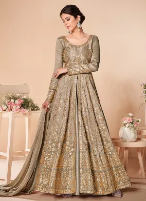 Light Brown Embroidered Silk Anarkali Suit
