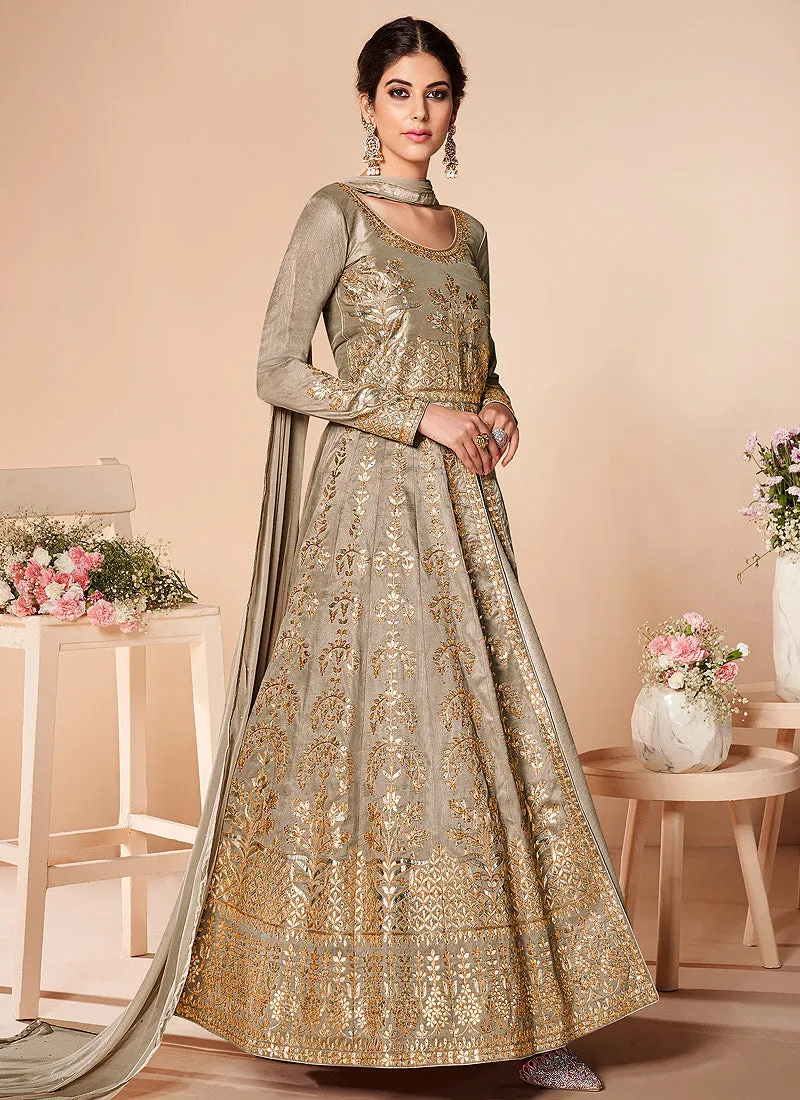 Light Brown Embroidered Silk Anarkali Suit