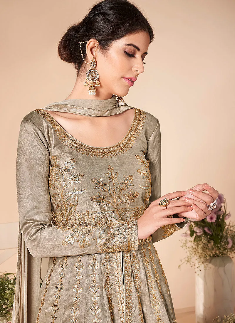 Light Brown Embroidered Silk Anarkali Suit