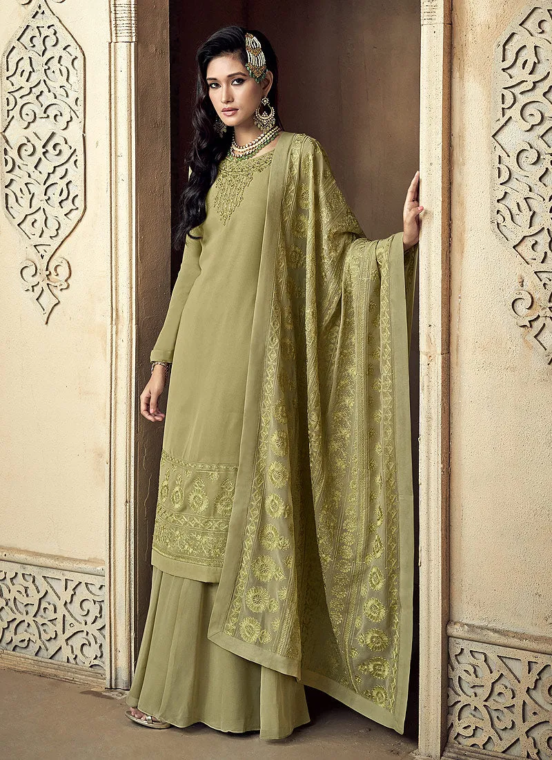 Light Green Embroidered Designer Sharara Suit