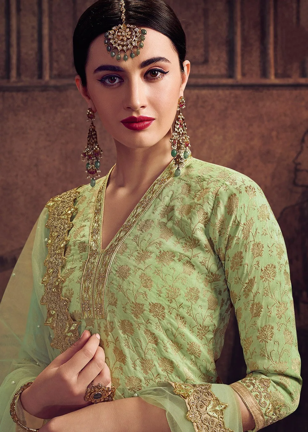 Light Green Zari Embroidered Pakistani Pant Suit