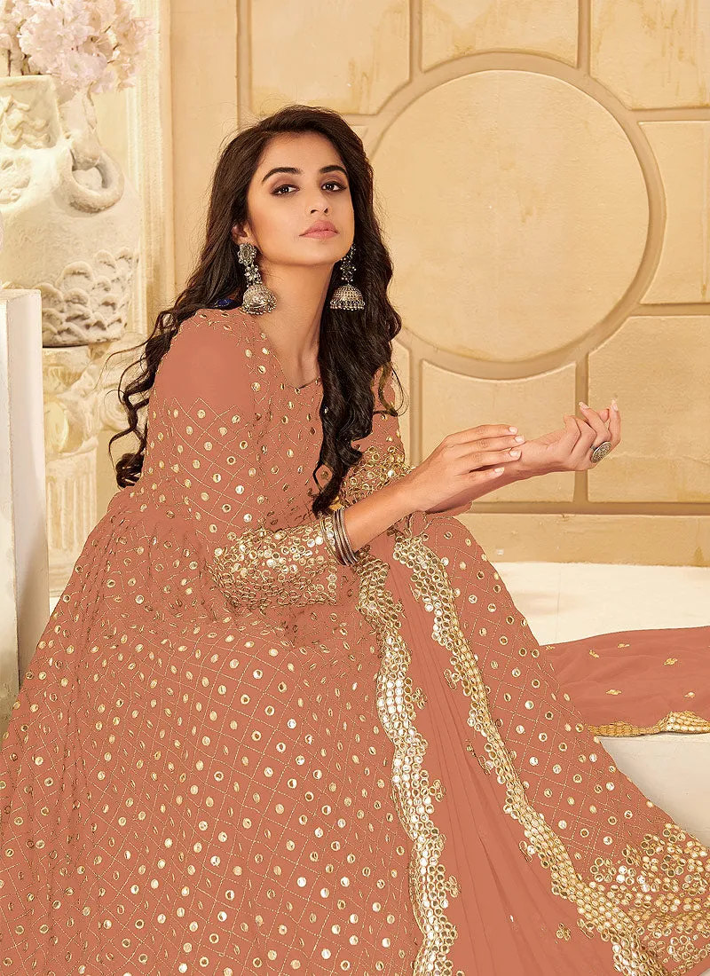 Light Peach Zari Mirror Embroidered Traditional Anarkali Suit