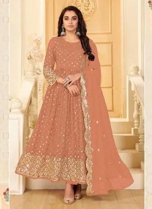 Light Peach Zari Mirror Embroidered Traditional Anarkali Suit