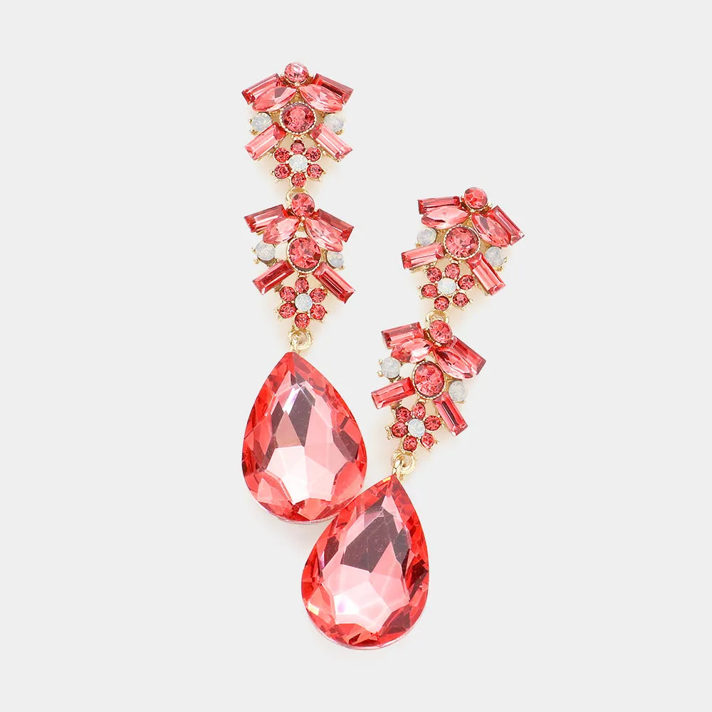 Long Coral Multi Stone Dangle Pageant Earrings | Pageant Drop Earrings |  592372