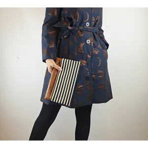 Maddie Kay brown faux leather foldover clutch with navy and white striped fabric