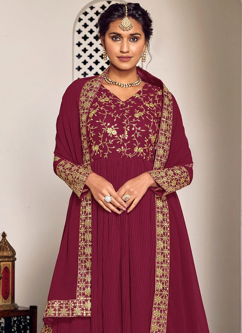 Magenta Golden Zari Embroidered Traditional Gharara Style Suit
