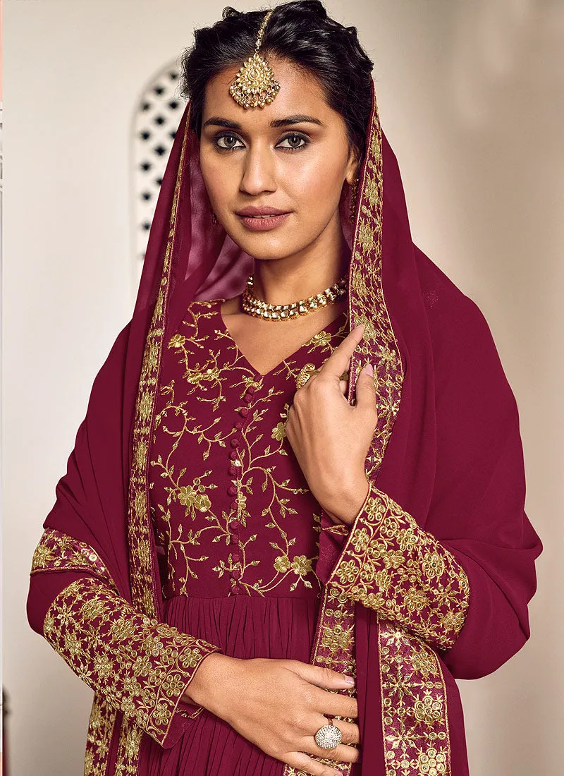 Magenta Golden Zari Embroidered Traditional Gharara Style Suit