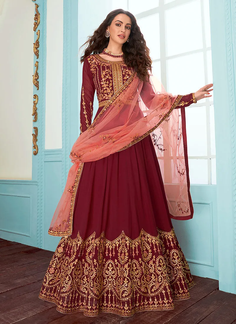 Maroon And Peach Embroidered Designer Anarkali Suit