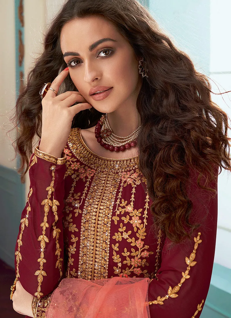 Maroon And Peach Embroidered Designer Anarkali Suit