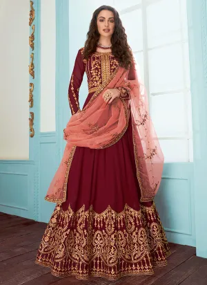 Maroon And Peach Embroidered Designer Anarkali Suit
