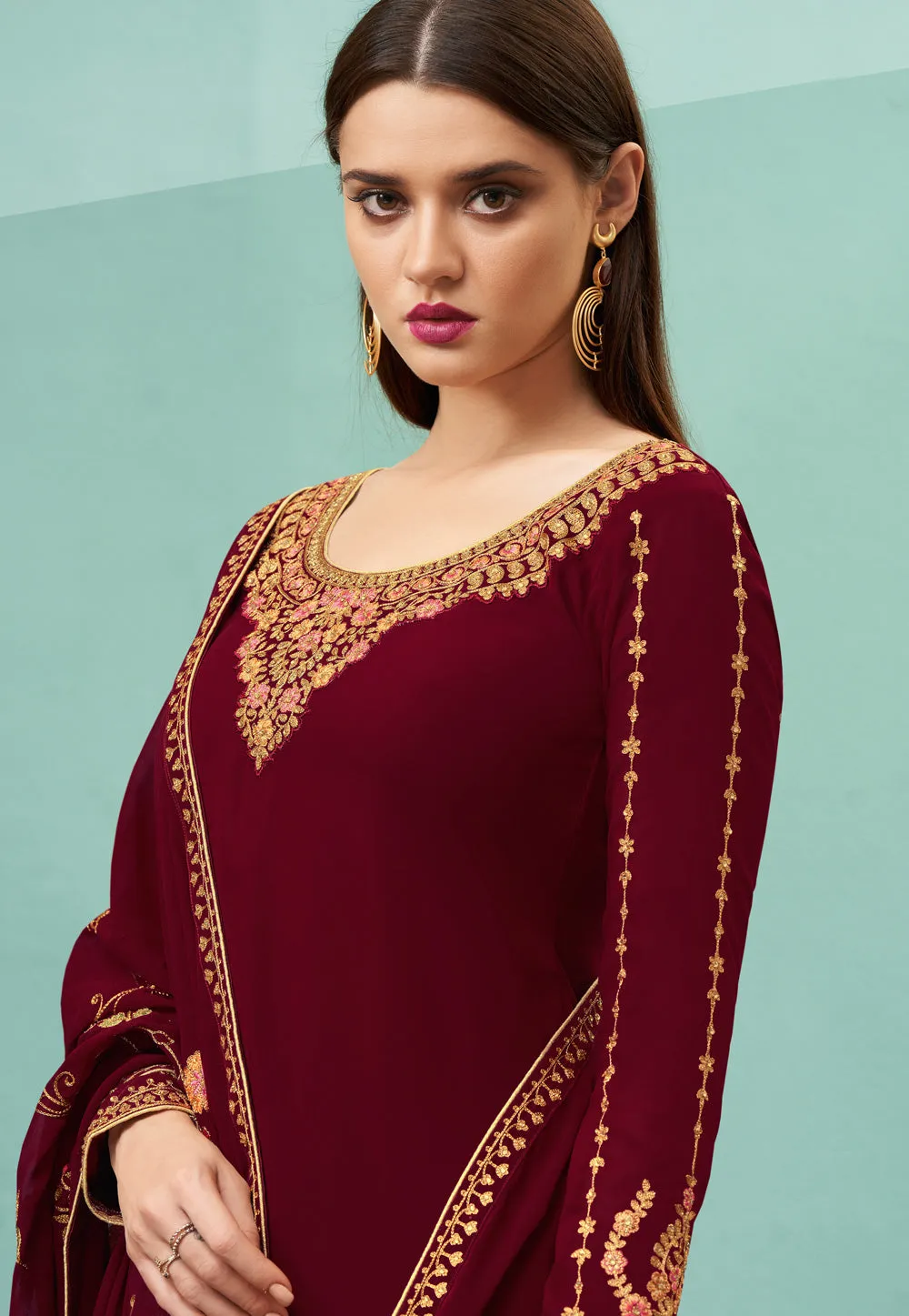 Maroon Embroidered Pakistani Pant Suit