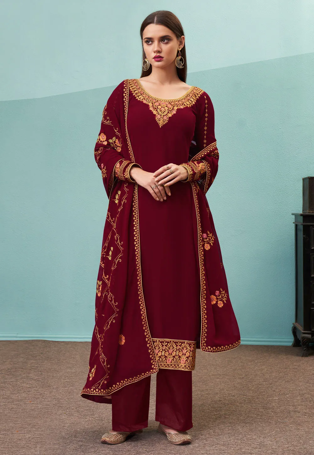 Maroon Embroidered Pakistani Pant Suit