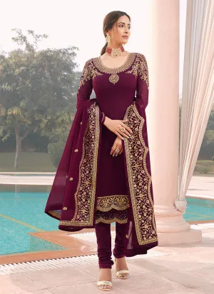 Maroon Golden Embroidered Churidar Suit