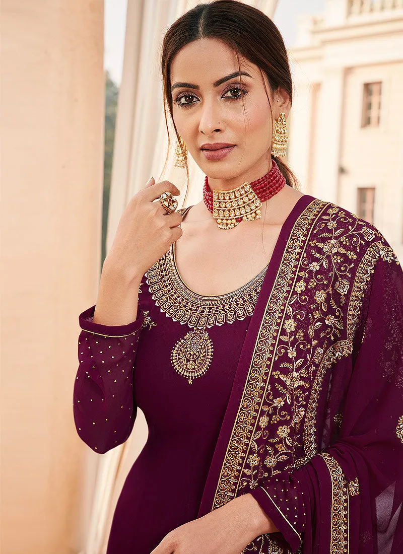 Maroon Golden Embroidered Churidar Suit