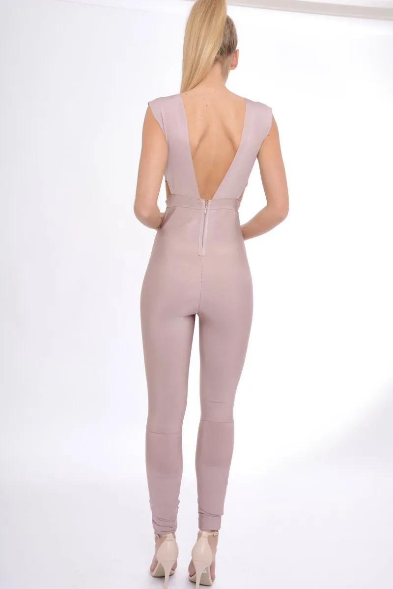 Mauve Plunge Cut Out Bandage Jumpsuit - Kassi