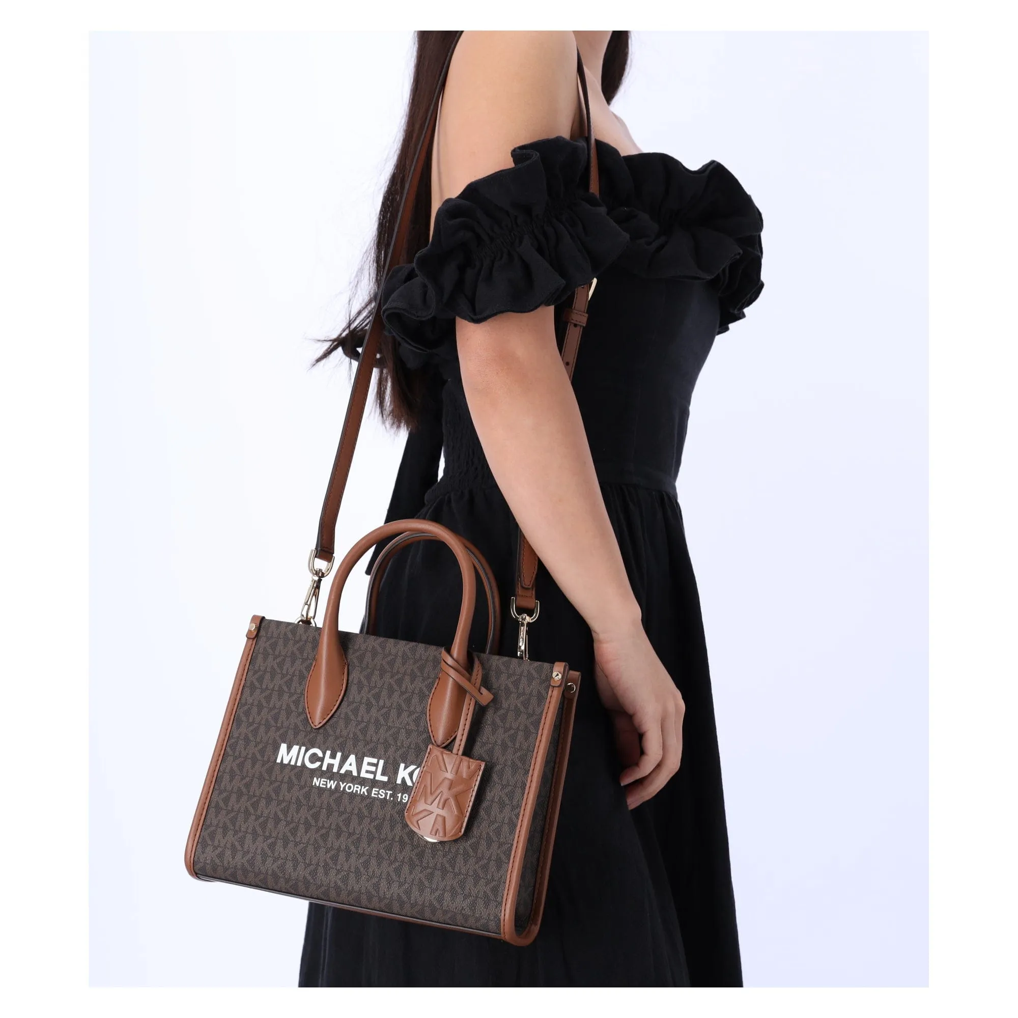 Michael Kors Mirella Small Top Zip Shopper Tote Crossbody Brown MK Siganture