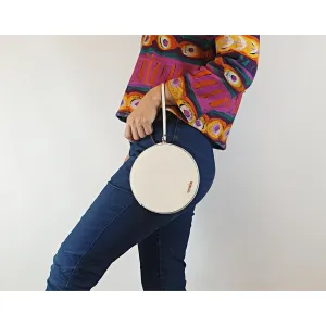 Mimco small white leather circular wrist bag/clutch with contrasting copper zip