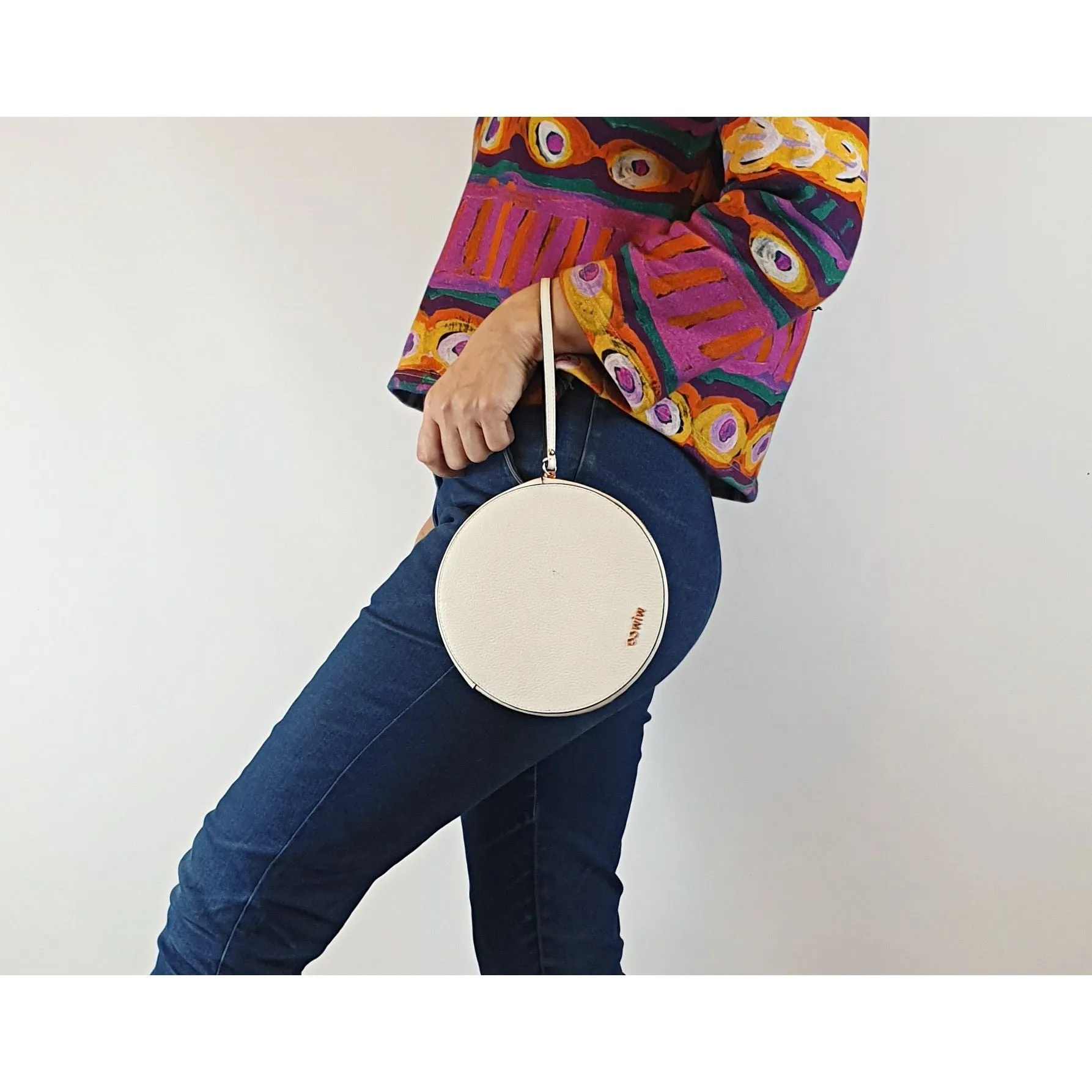 Mimco small white leather circular wrist bag/clutch with contrasting copper zip