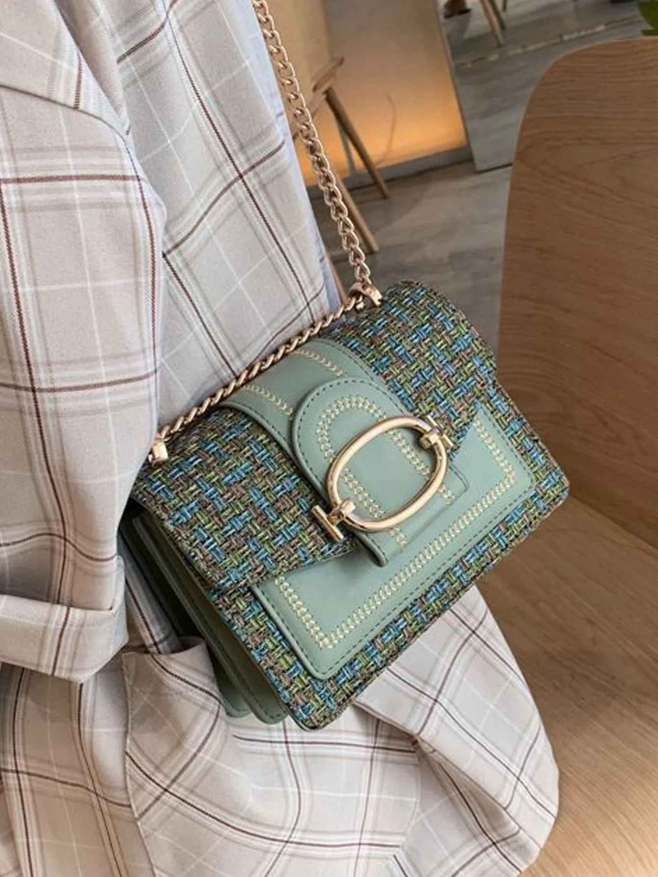 Mini Plaid Patterned Small Ornamented Square Shoulder Bag