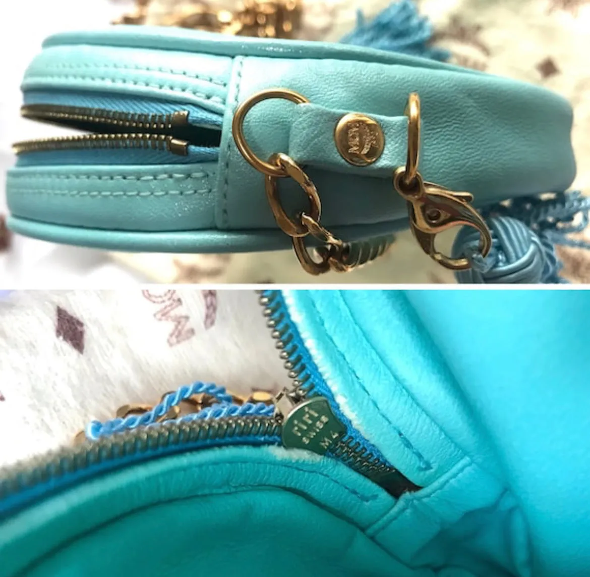 MINT. Vintage MCM blue monogram mini Suzy Wong pouch bag with golden chain and blue, gold, and white fringes. Michael Cromer. 0404041