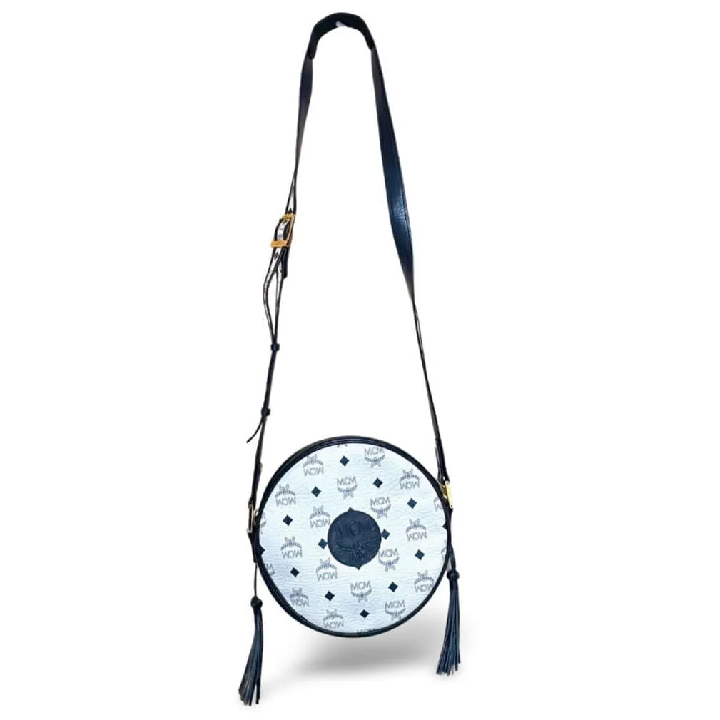 MINT. Vintage MCM navy and white monogram round shape Suzy Wong shoulder bag with leather trimmings. Designed by Michael Cromer. 060309ya