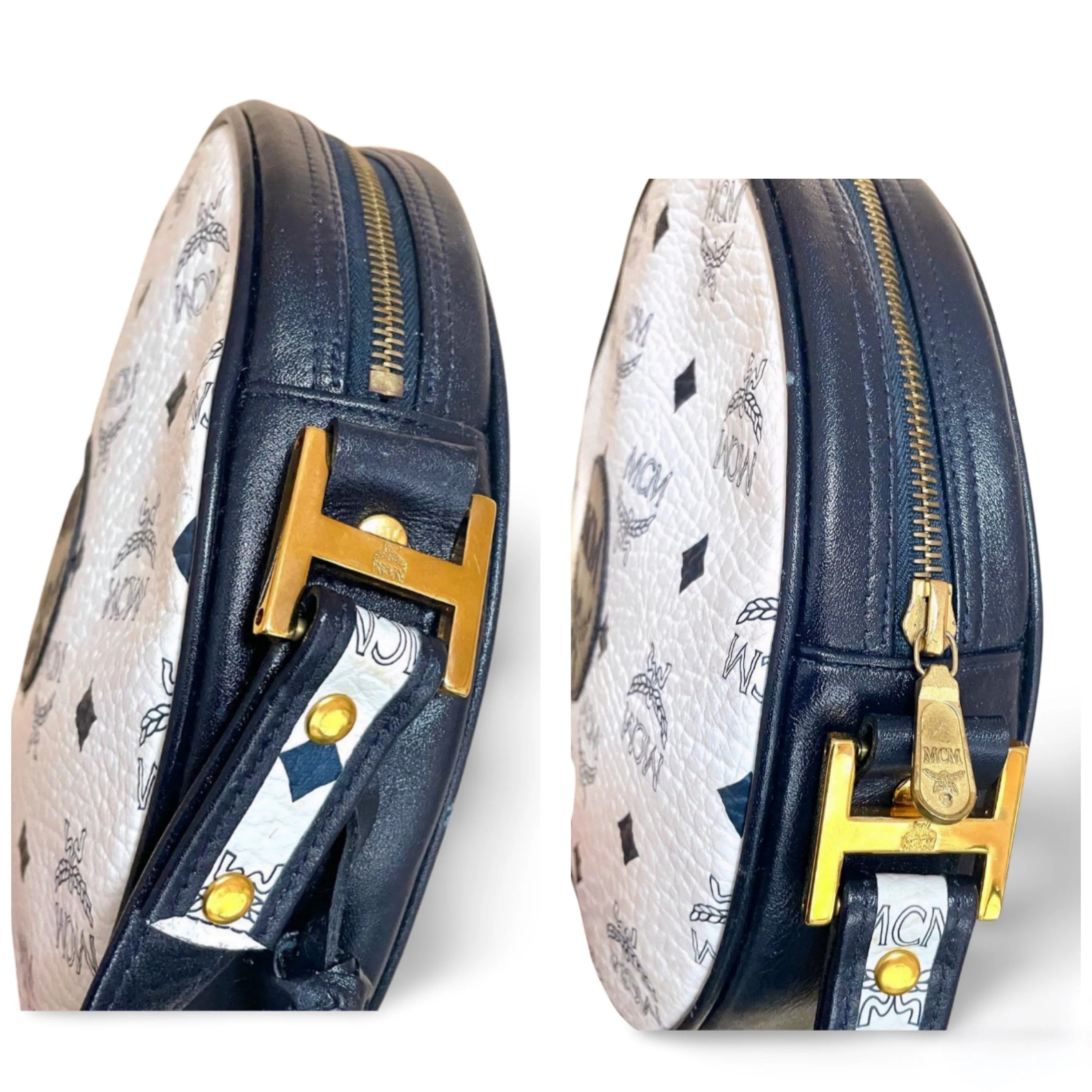 MINT. Vintage MCM navy and white monogram round shape Suzy Wong shoulder bag with leather trimmings. Designed by Michael Cromer. 060309ya