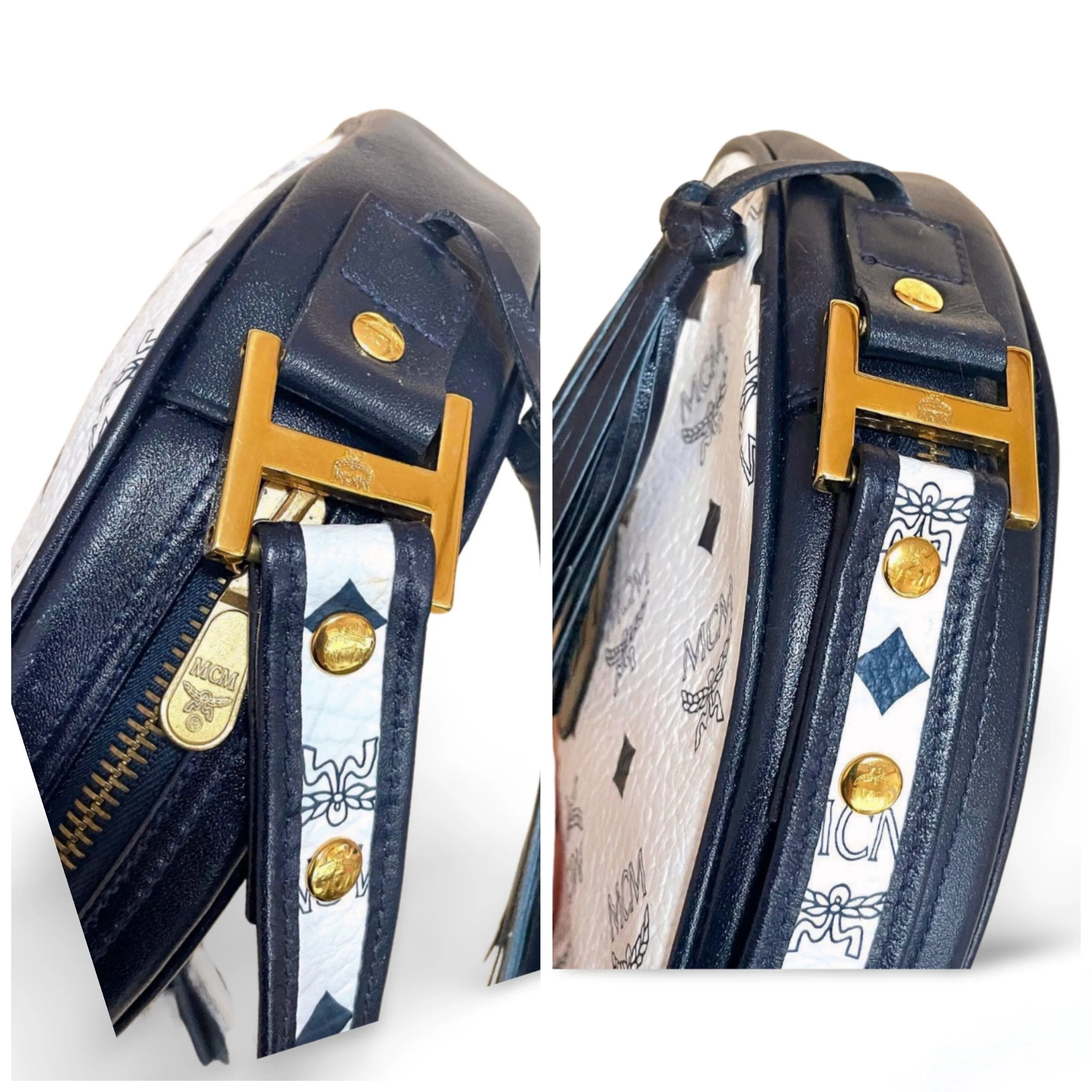 MINT. Vintage MCM navy and white monogram round shape Suzy Wong shoulder bag with leather trimmings. Designed by Michael Cromer. 060309ya