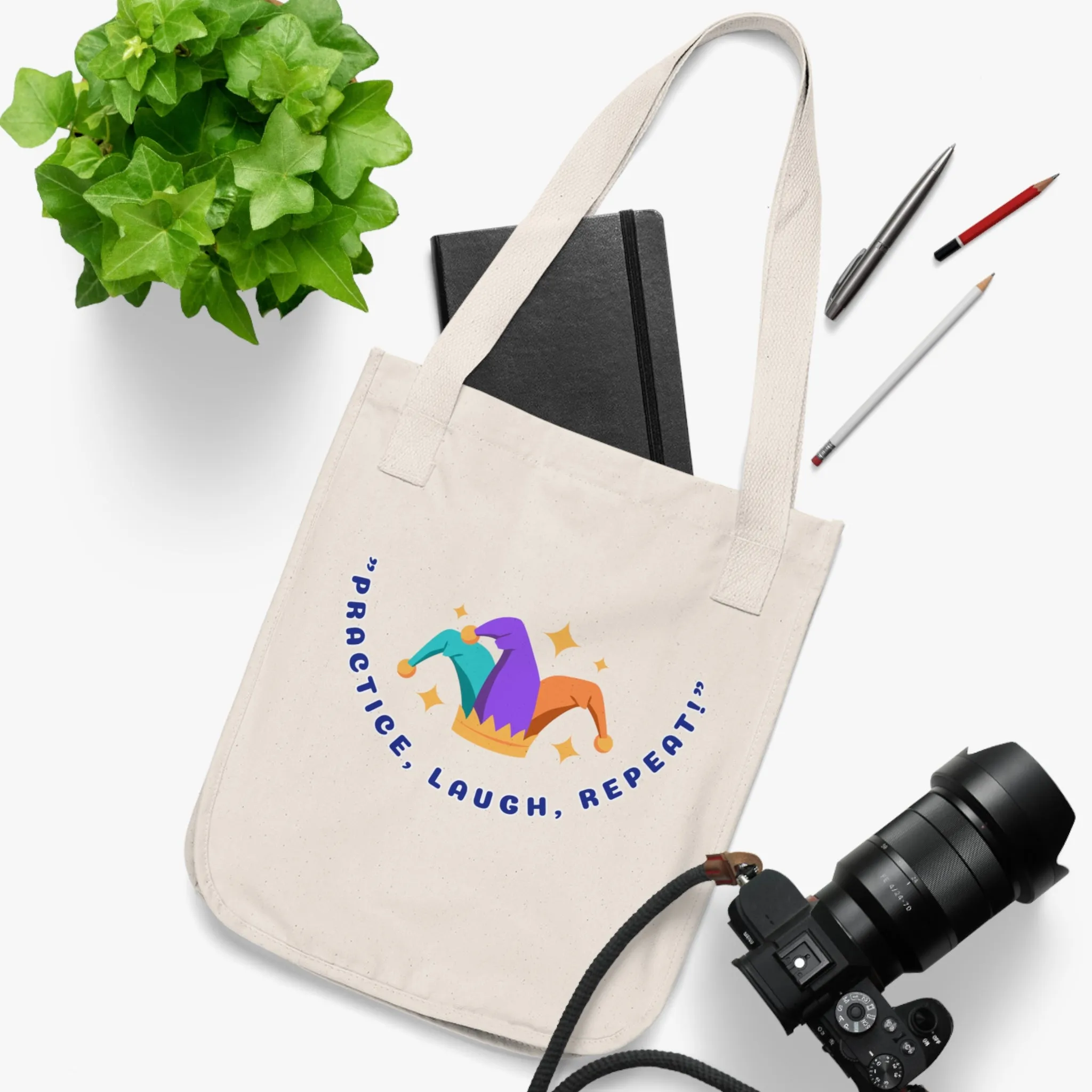 Motivational Organic Canvas Tote Bag - "Practice, Laugh, Repeat!"