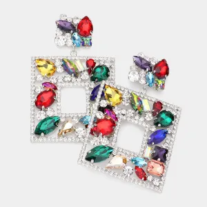 Multi-Color Multi Crystal Stone Square Chandelier Pageant Earrings | Prom Earrings | 552676
