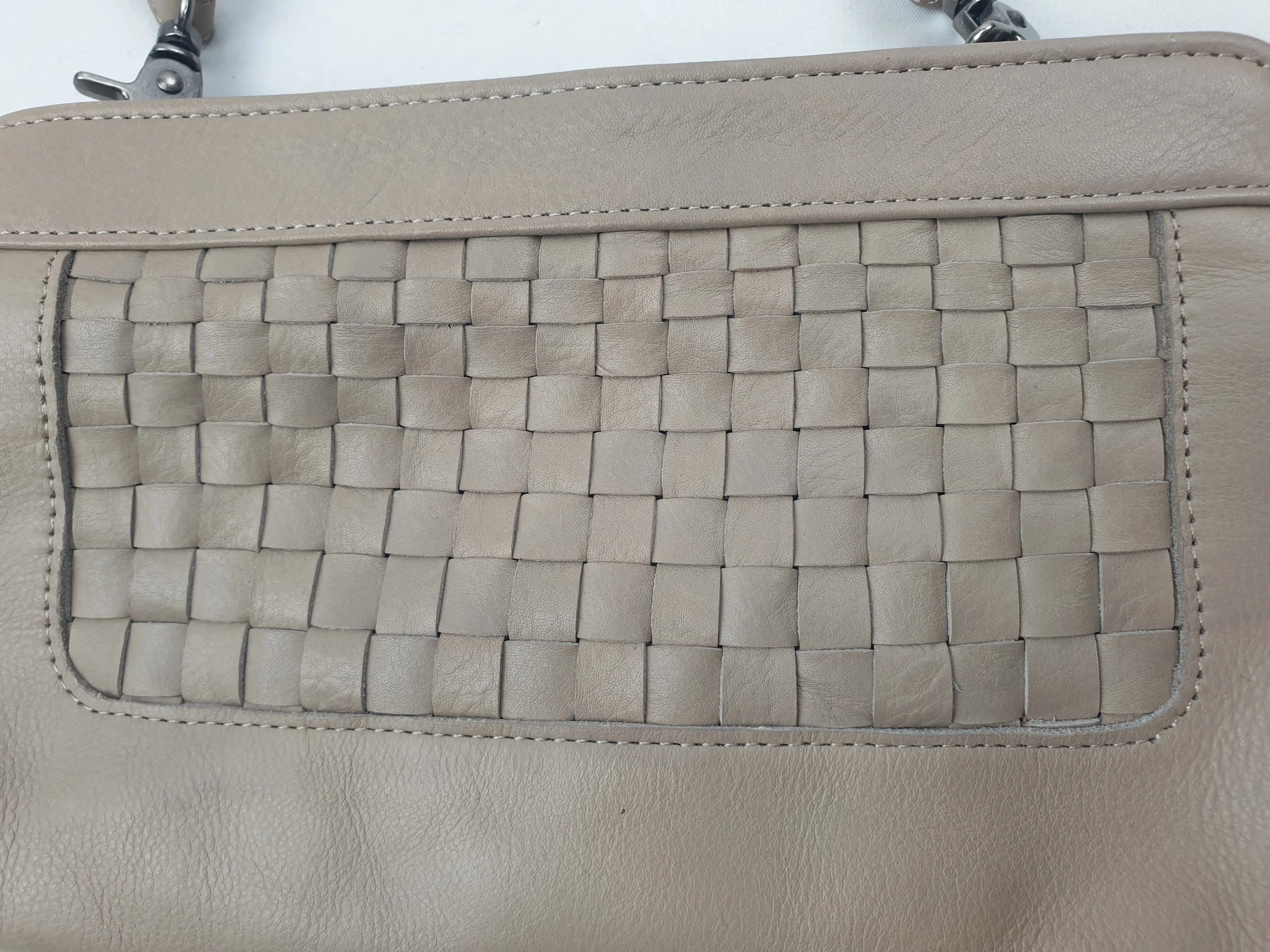 Nancybird light grey leather bag with front lattice detail