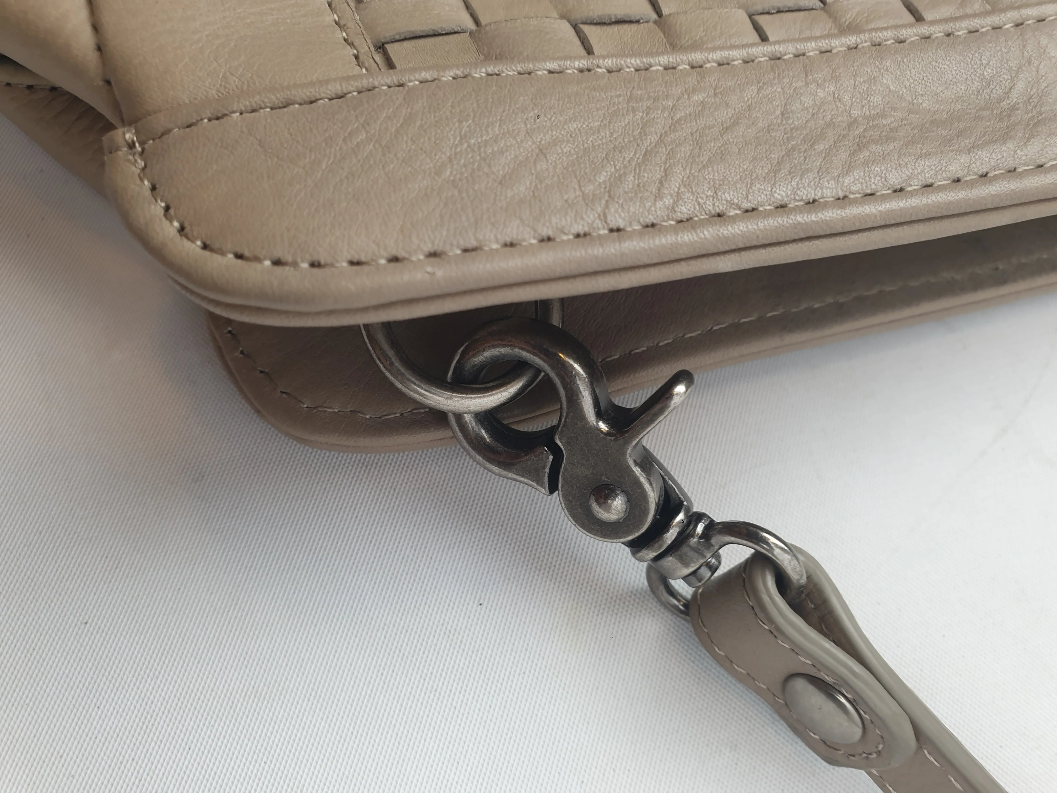 Nancybird light grey leather bag with front lattice detail