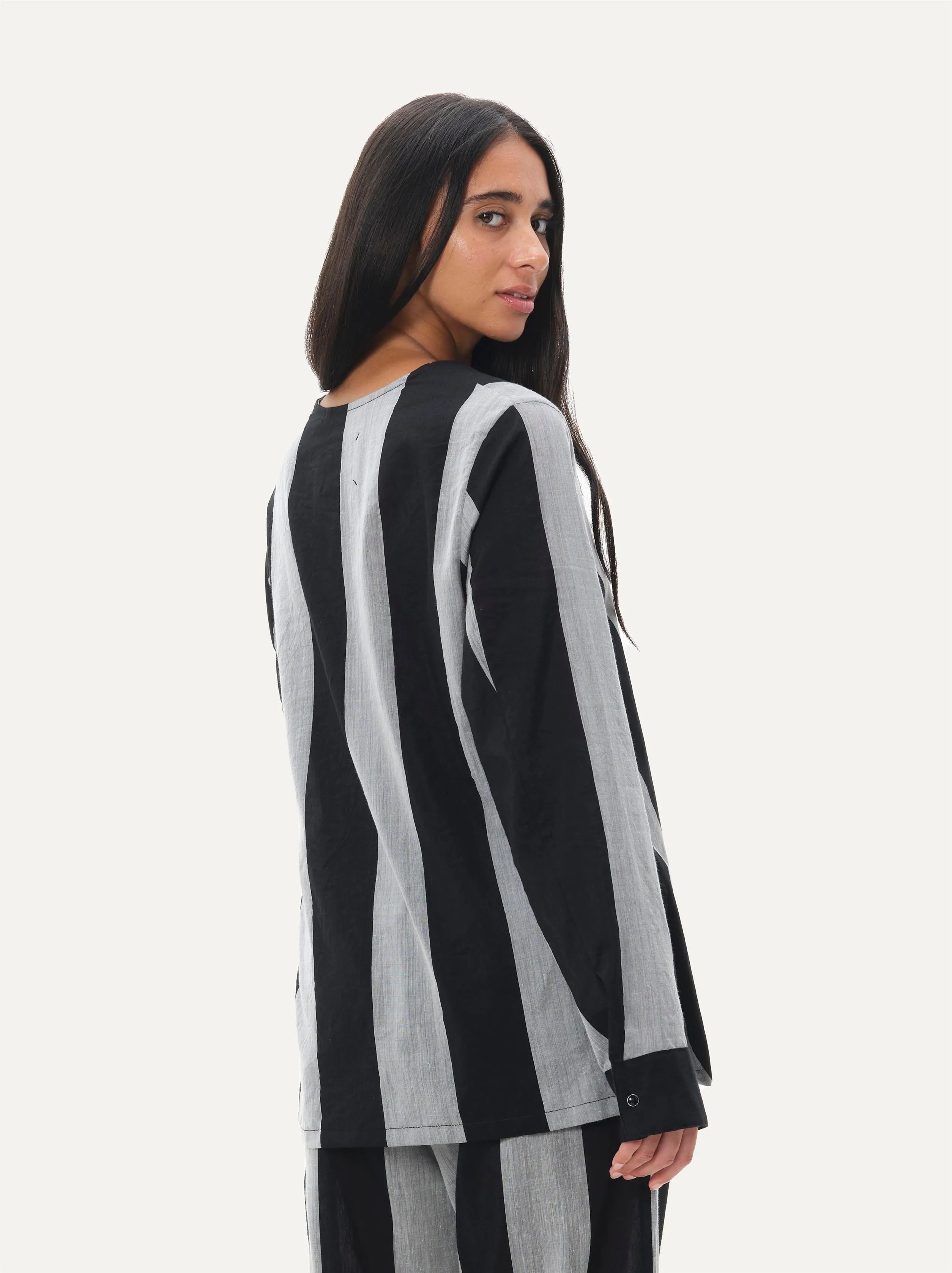 Naushad Ali   I   V-neck blouse Chevron Signature Spring Summer 2025 Black   Smoke Grey Cotton satin NA SS24 W15T