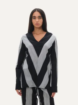 Naushad Ali   I   V-neck blouse Chevron Signature Spring Summer 2025 Black   Smoke Grey Cotton satin NA SS24 W15T