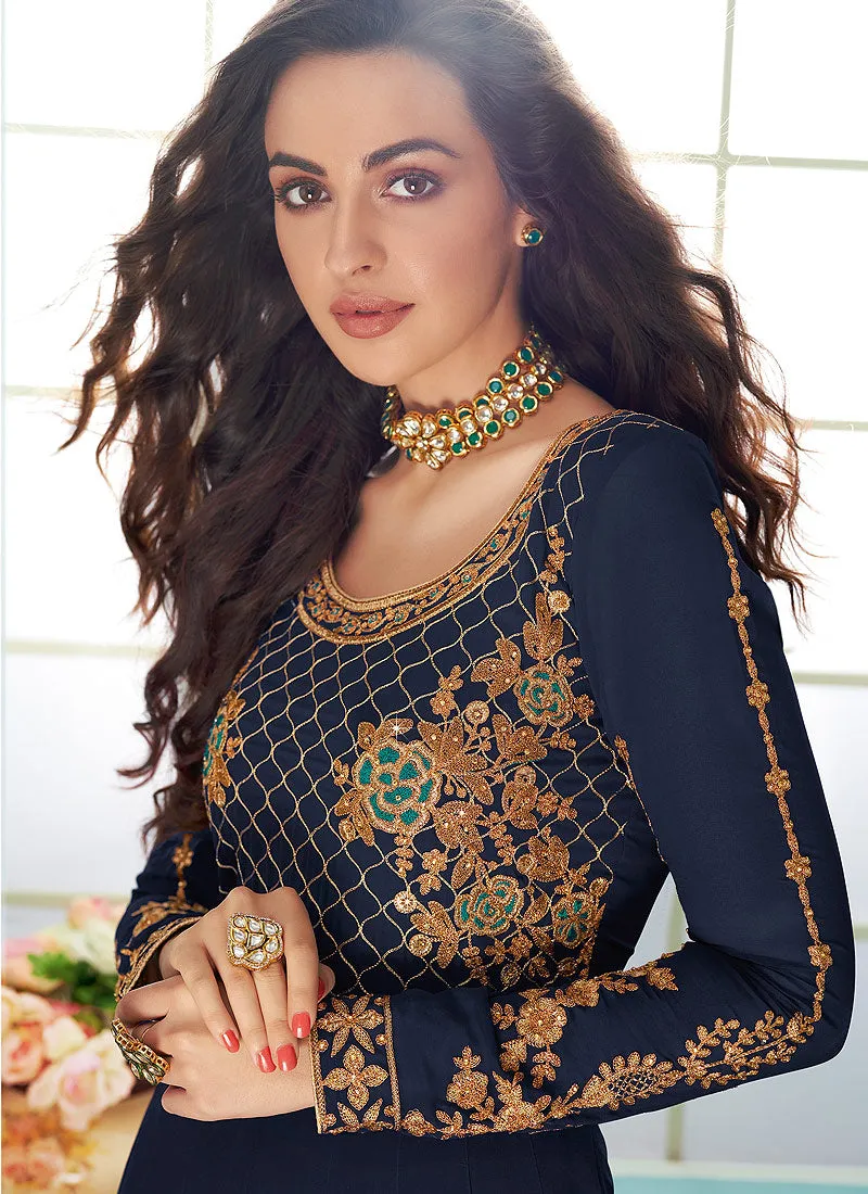 Navy Blue And Turquoise Embroidered Designer Anarkali Suit