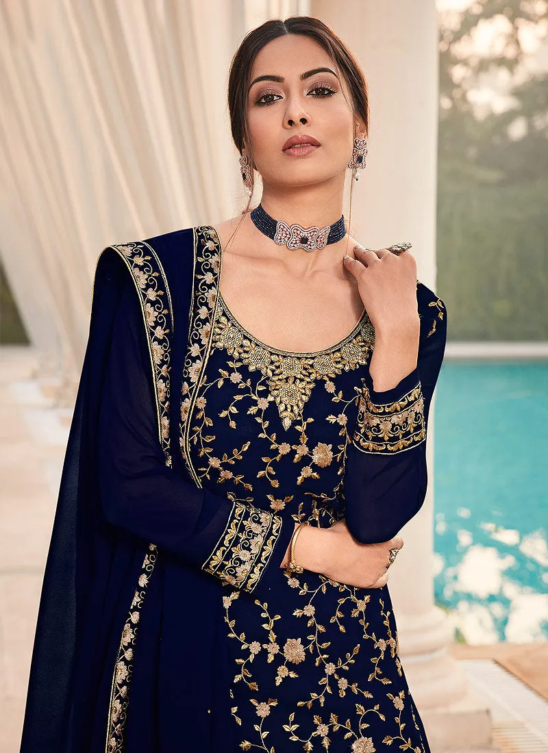 Navy Blue Embroidered Bridal Style Gharara Suit