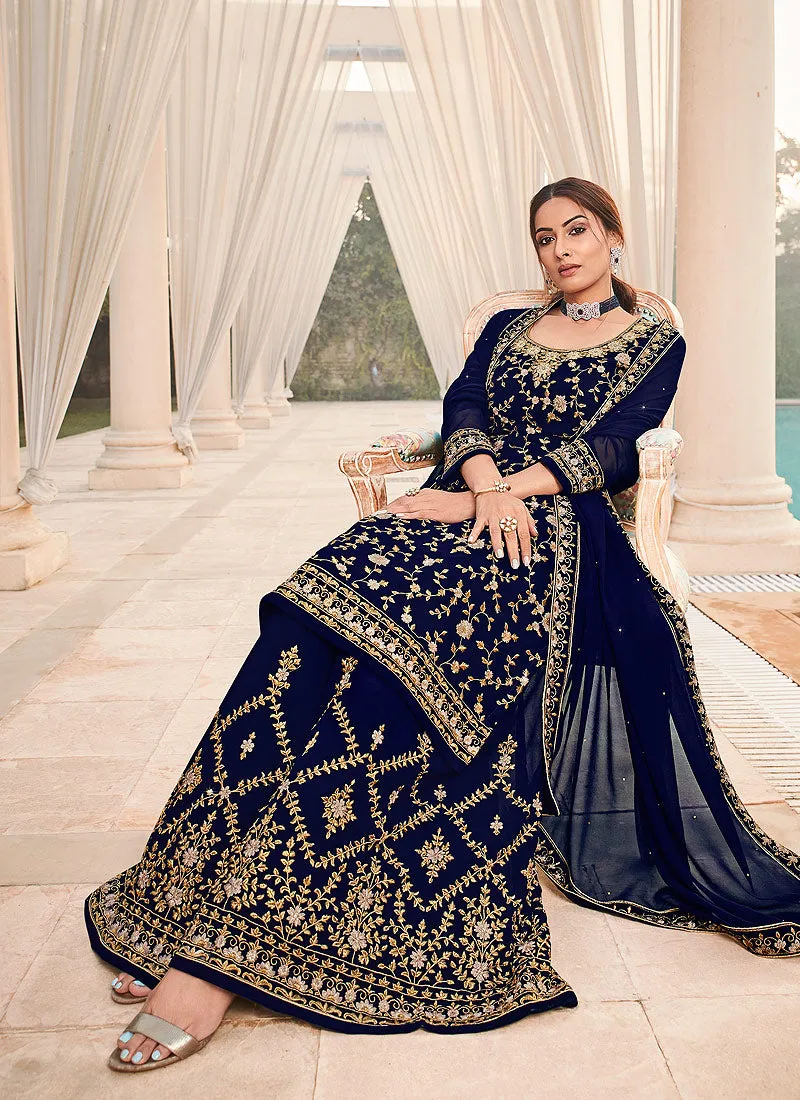 Navy Blue Embroidered Bridal Style Gharara Suit