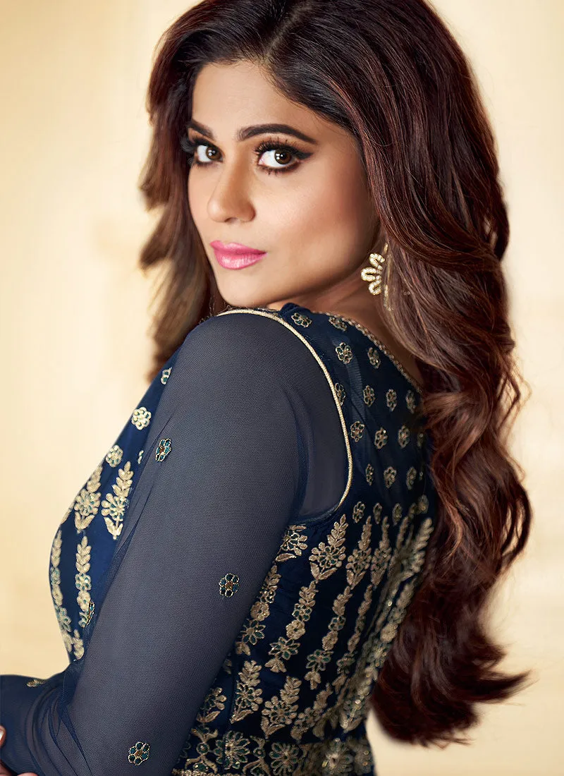 Navy Blue Traditional Embroidered Anarkali Suit