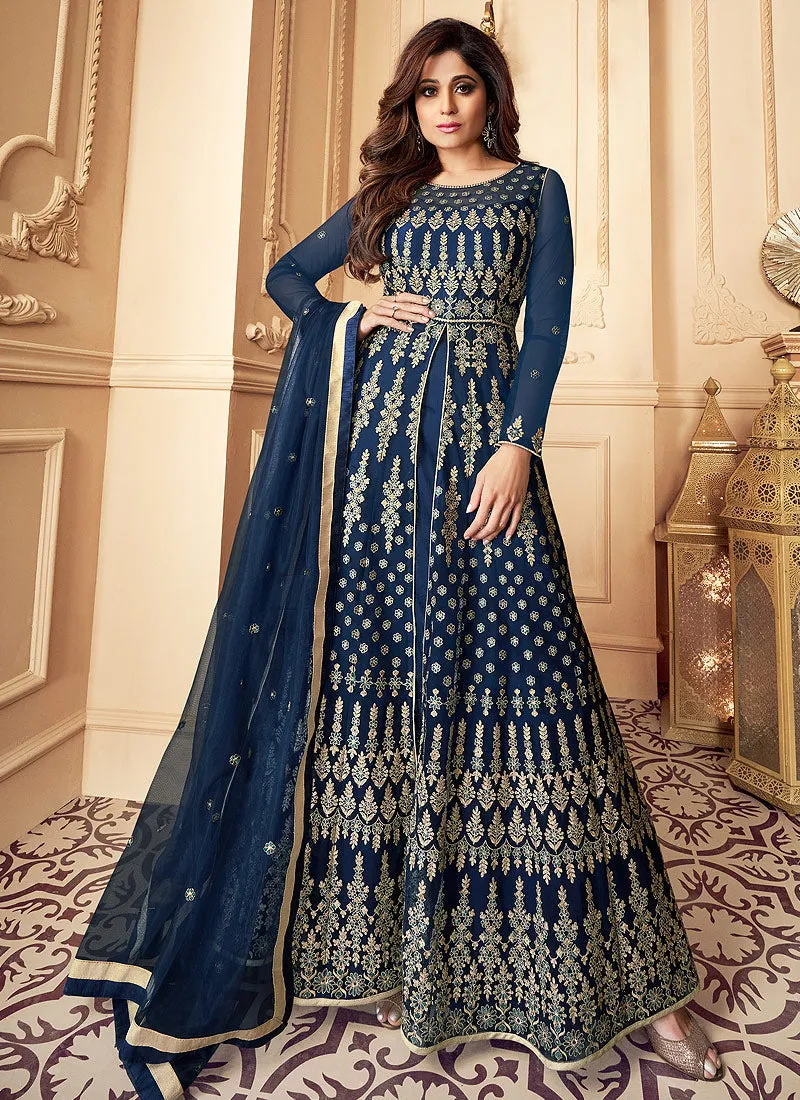 Navy Blue Traditional Embroidered Anarkali Suit