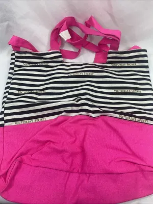 New Victoria’s Secret Pink White Black Stripe Beach Bag Tote Gym