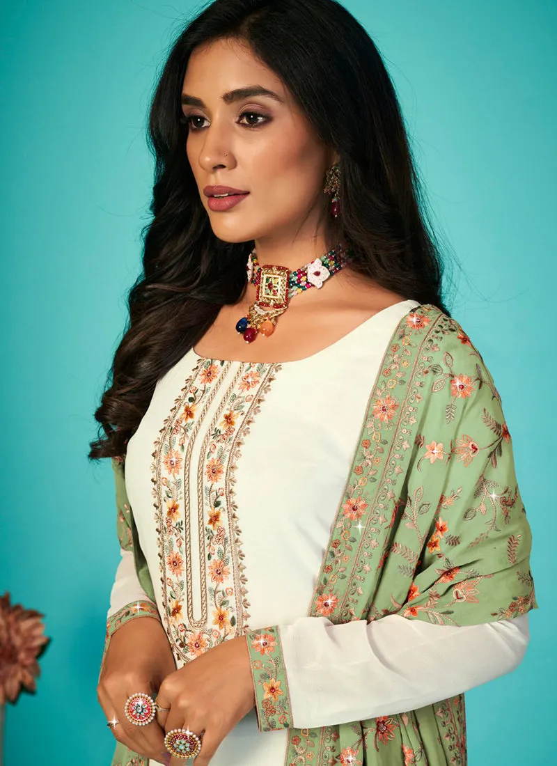 Off White And Green Multi Embroidery Traditional Palazzo Suit