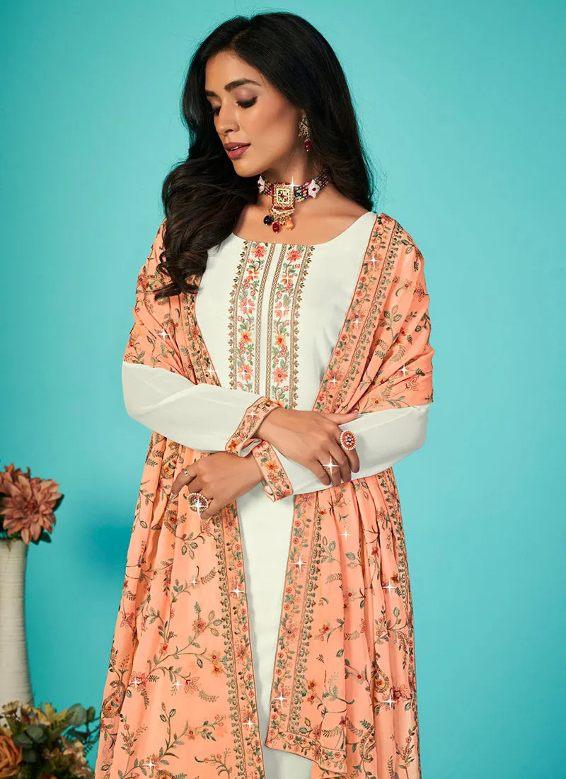 Off White And Peach Multi Embroidery Traditional Palazzo Suit
