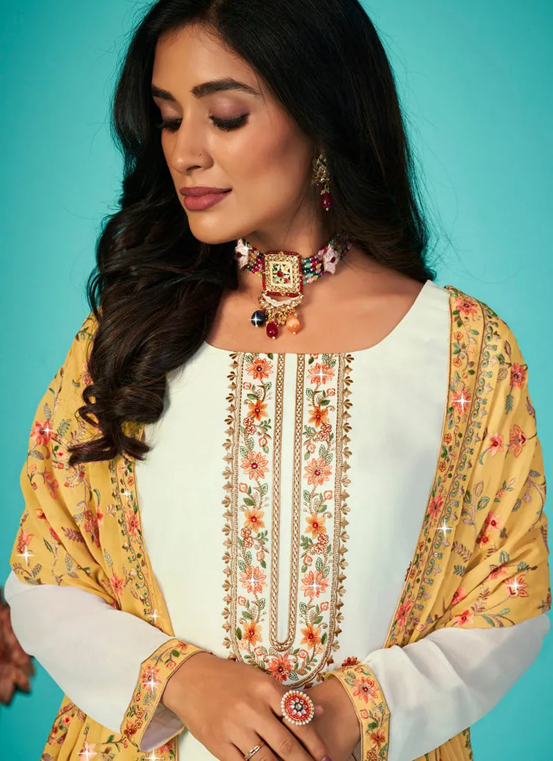 Off White And Yellow Multi Embroidery Traditional Palazzo Suit