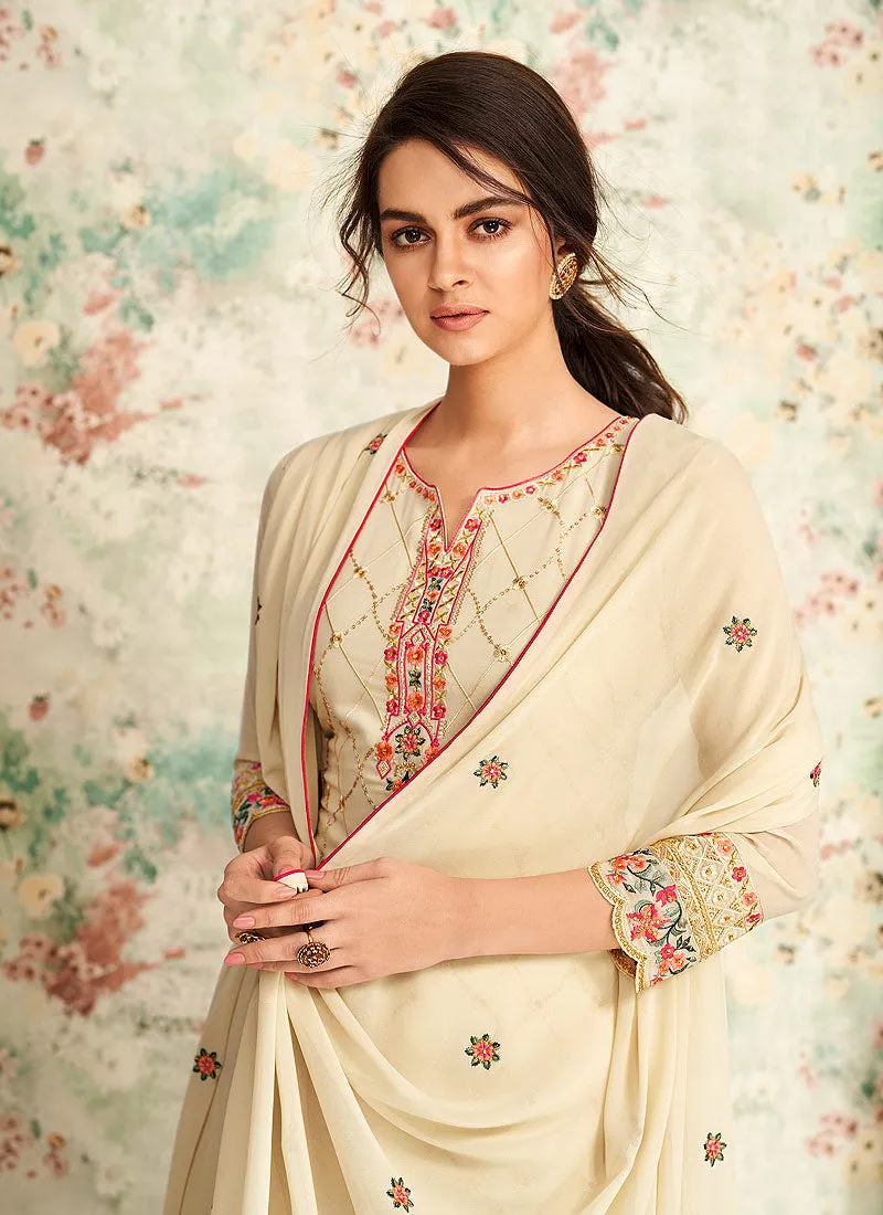 Off White Multi Embroidered Palazzo Suit