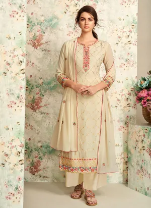 Off White Multi Embroidered Palazzo Suit