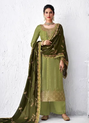 Olive Green Embroidered Palazzo Suit