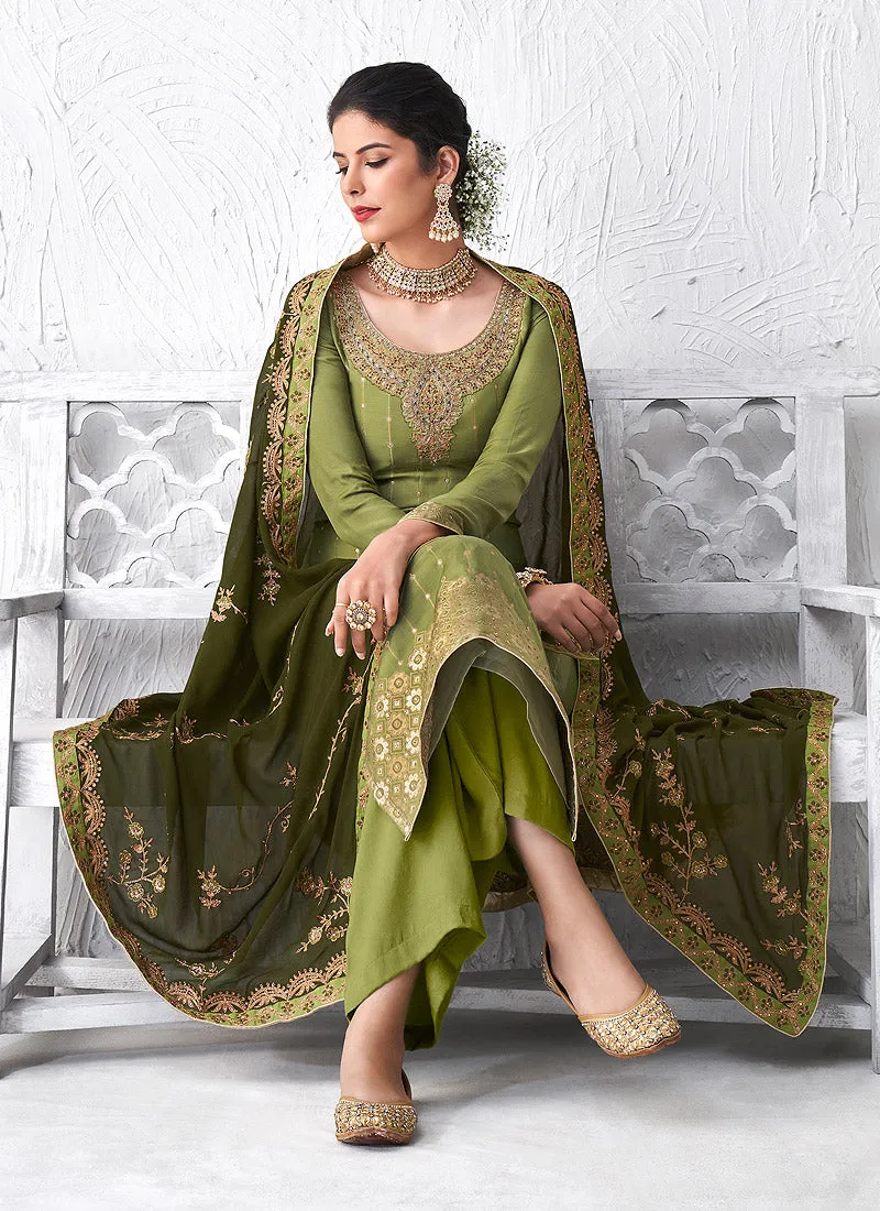Olive Green Embroidered Palazzo Suit