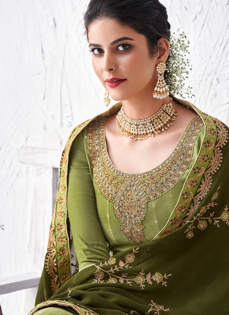 Olive Green Embroidered Palazzo Suit