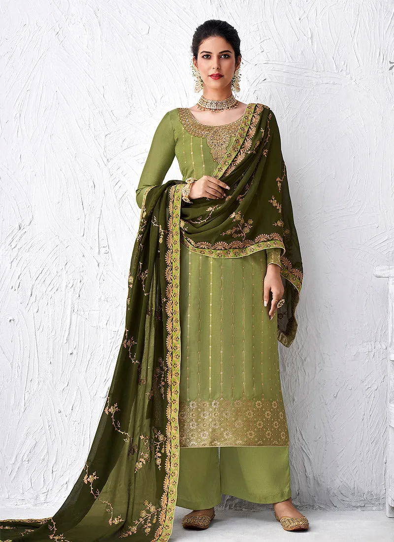Olive Green Embroidered Palazzo Suit